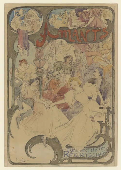 Amants maquette d’affiche hommes et femme entourant des musiciens (1895)