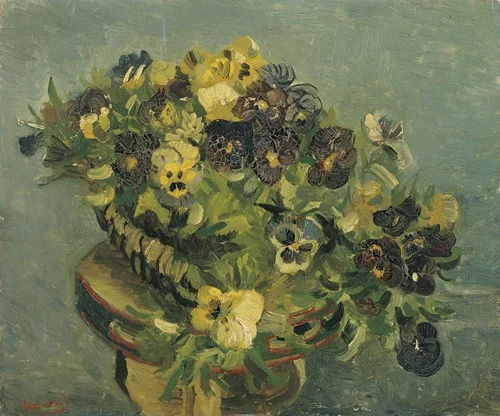 Basket of pansies on a small table (1887)
