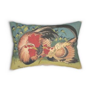 Rooster, Hen and Chicken with Spiderwort by Katsushika Hokusai - Lumbar Pillow